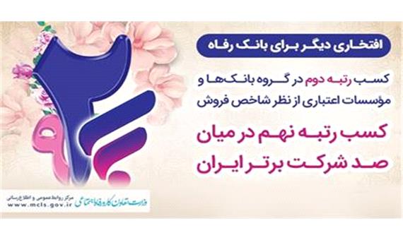 بانک رفاه کارگران رتبه دوم در بین بانک‌ها و نهم در بین یکصد شرکت برتر ایران را کسب کرد