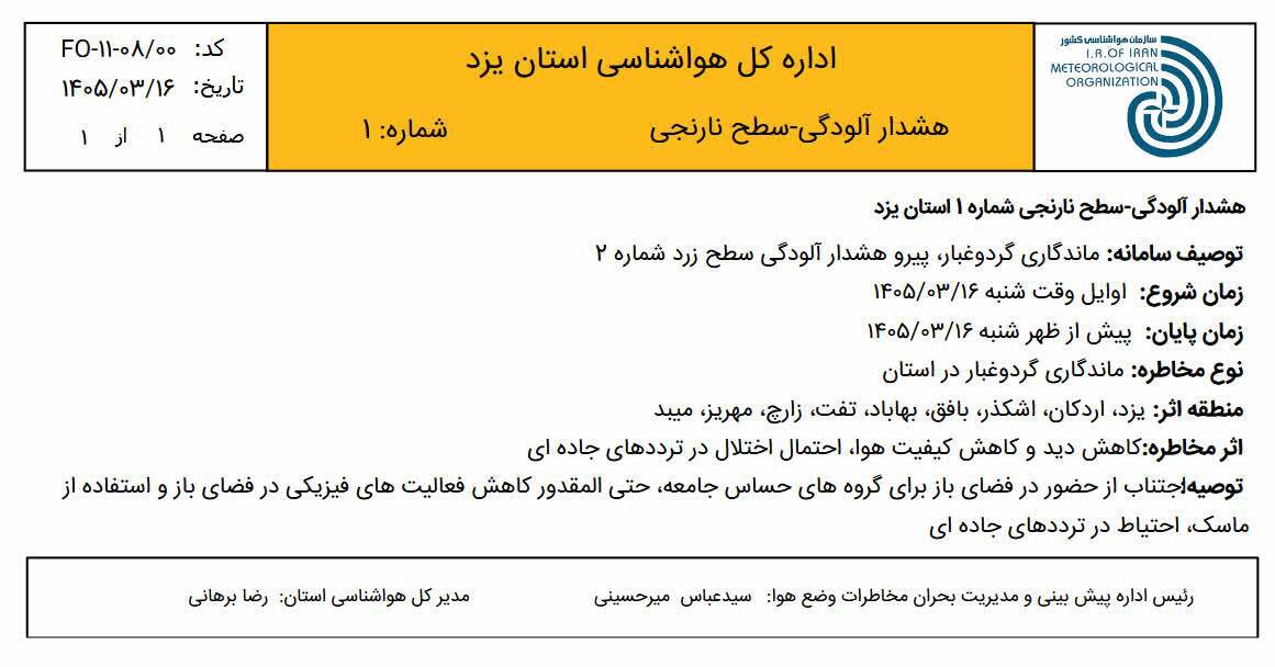 ماندگاری گردو غبار و کاهش دید و هشدار سطح نارنجی در یزد
