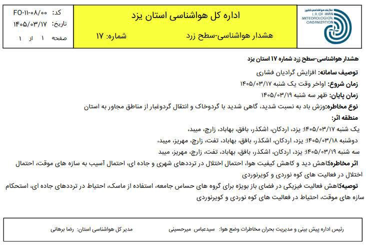 صدور هشدار سطح زرد هواشناسی در یزد