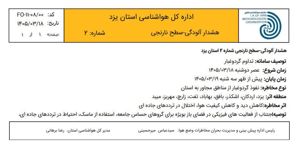 هشدار سطح نارنجی هواشناسی در یزد
