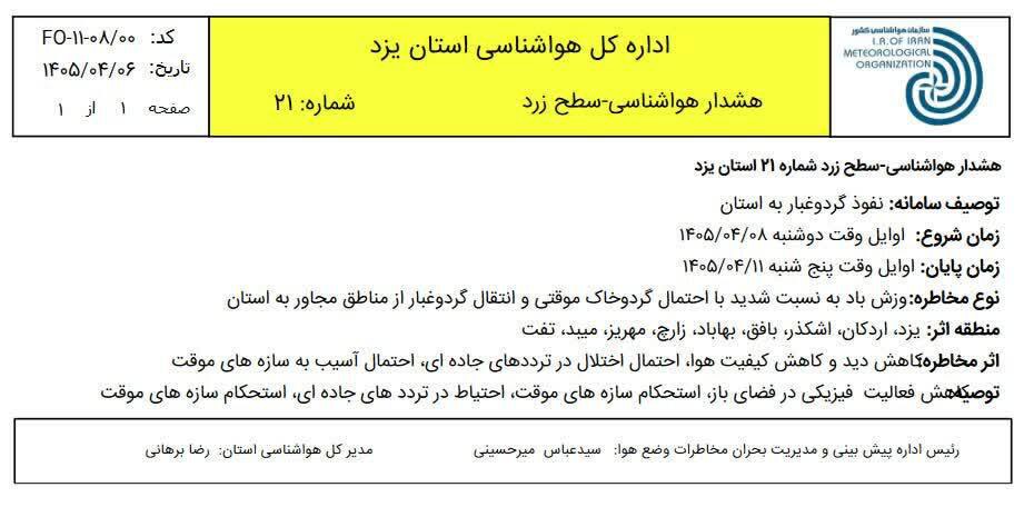 هشدار سطح زرد در استان یزد